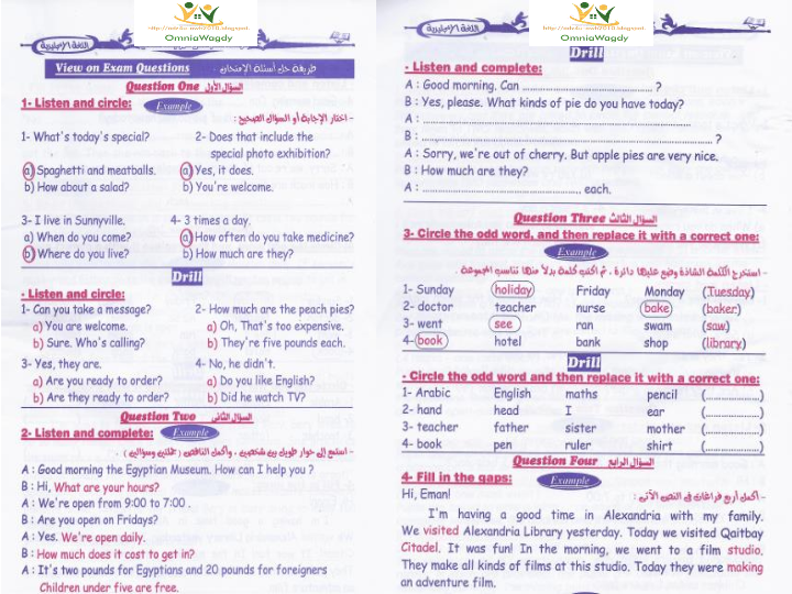 دليلك للاجابة الصحيحة امتحان اللغة الانجليزية للصف السادس الابتدائى الترم
